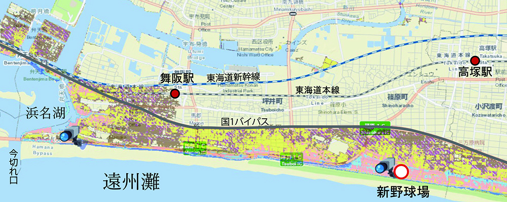 浜松市津波浸水区域図　（ピンク色部分は1～2m未満の浸水域）